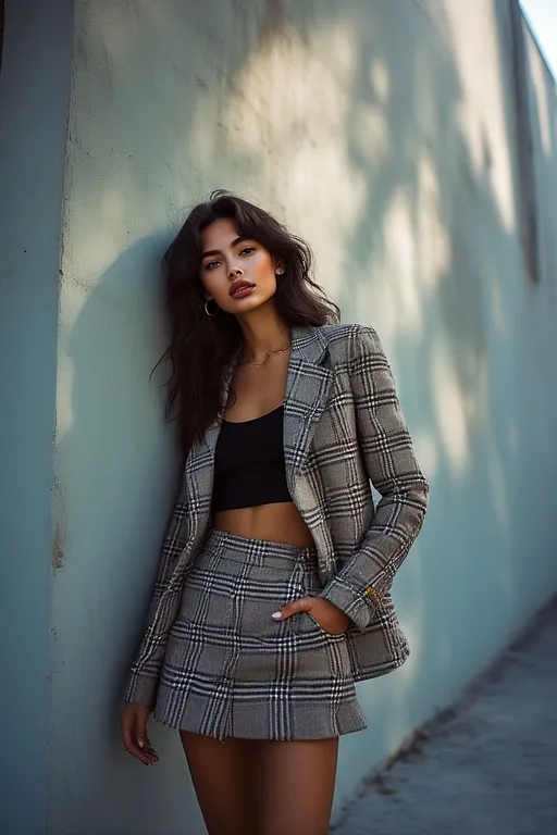 10+Chic Street Style Outfits Ideas 4 Modern street style look with oversized plaid blazer, crop top, and mini skirt.