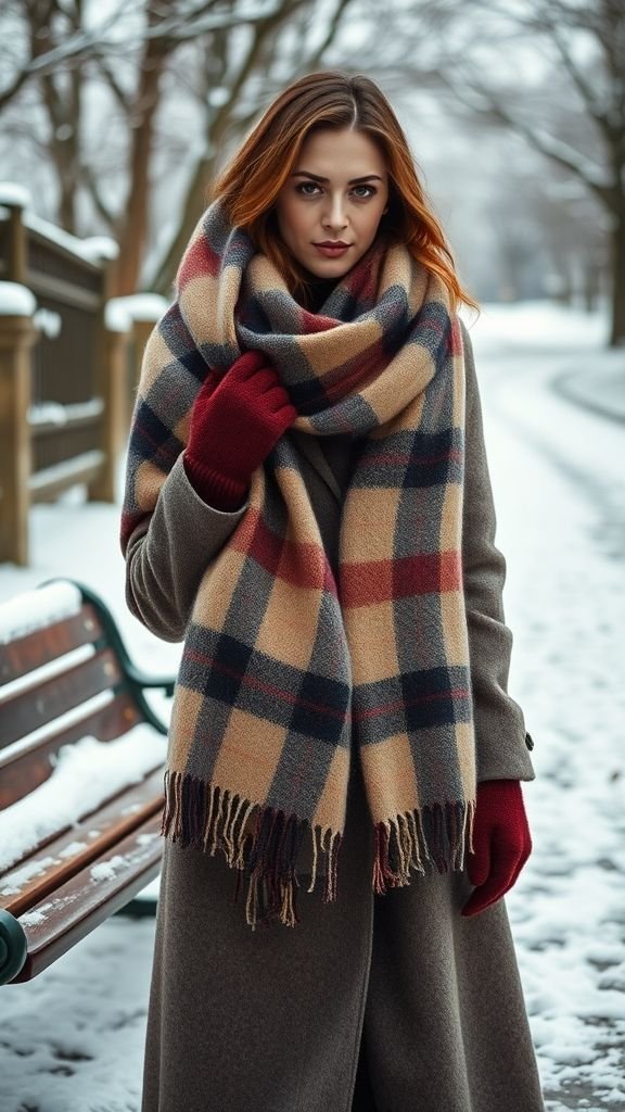 Winter Fashion Inspo: Stylish Cold-Weather Outfits for 2025 13 Woman wearing oversized scarf and wool coat for chic cozy winter style.