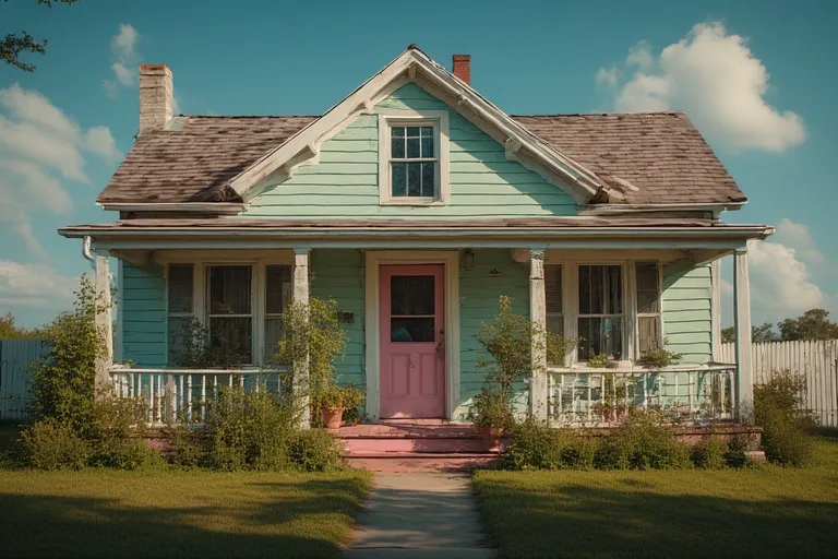 Charming Cottage Ideas for Timeless Comfort 15 Pastel pink and sage cottage with white trim and bright garden.