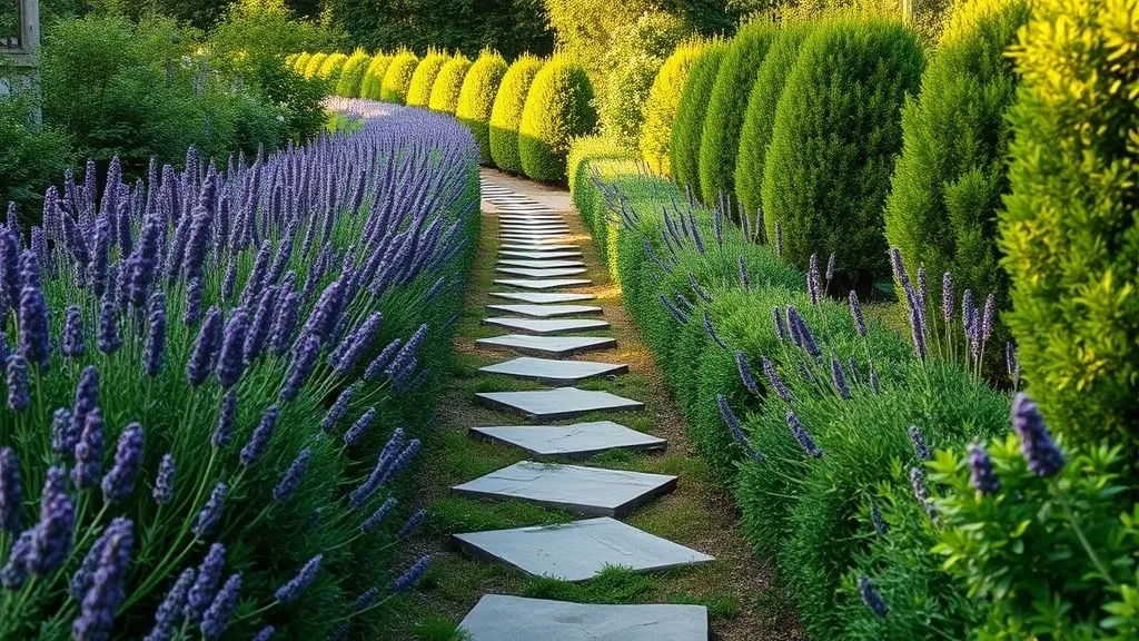 Beautiful garden pathway lined with lavender and greenery.