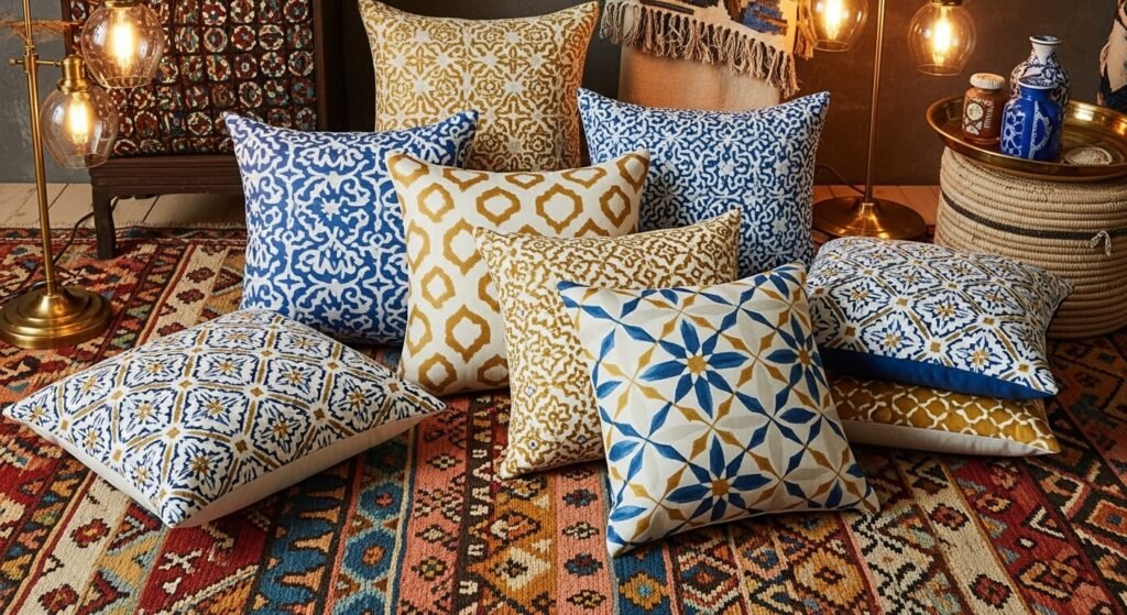 16 Stylish Ideas for Decorating with Comfy Floor Cushions 11 Moroccan-inspired room with patterned floor cushions and colorful rug.