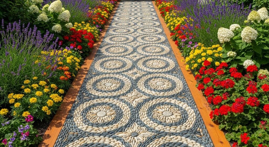 16 Creative DIY Ideas for a Modern Home Garden 4 Artistic pebble mosaic garden path bordered by flowers and wooden trim.