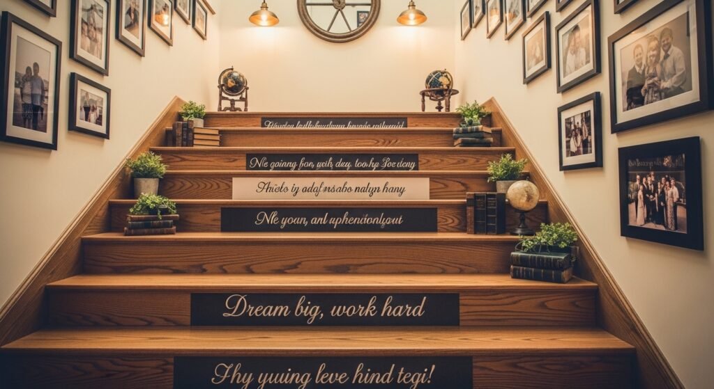 Creative Staircase Transformation Ideas 16 Staircase featuring custom quotes and personal photo displays.