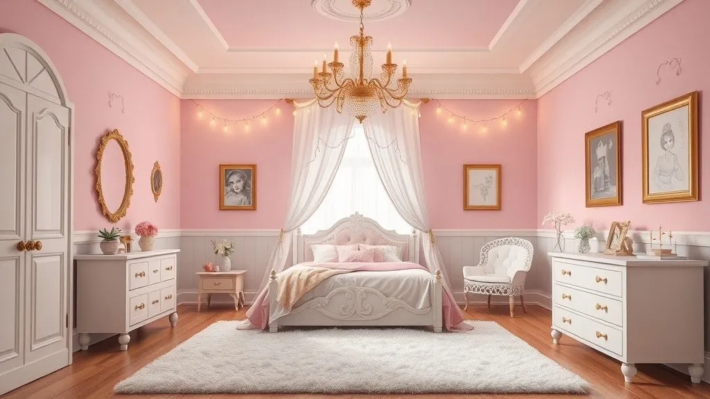Pink and white princess bedroom with canopy bed, fairy lights, and elegant décor.