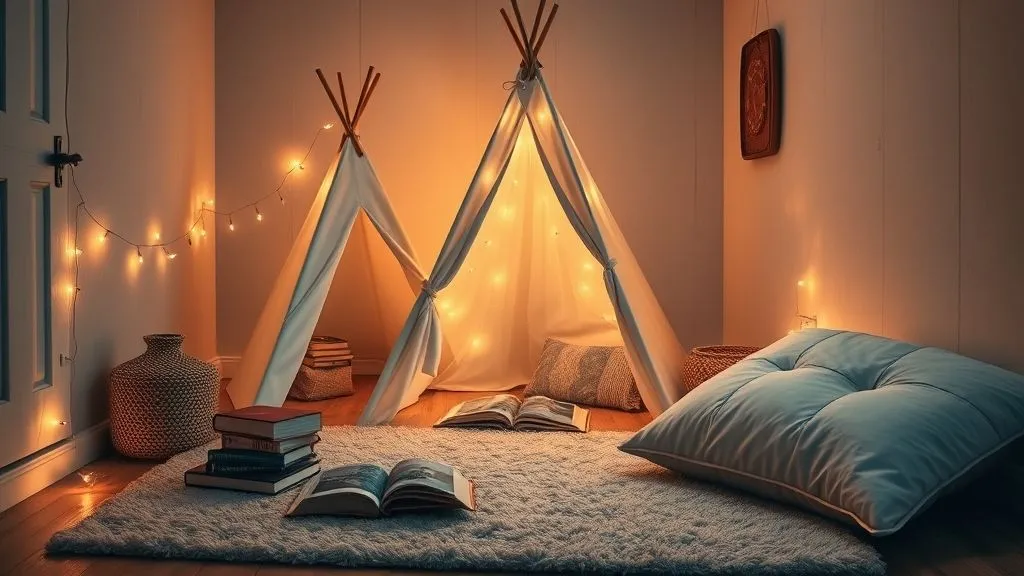 Cozy reading nook with play tent, fairy lights, and cushions.