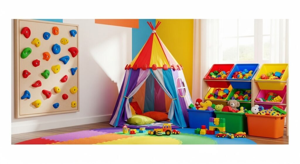 16 Whimsical Kids Room Ideas to Brighten Your Home Decor 8 Kids play area with climbing wall, tent, and colorful foam mats.