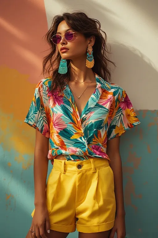 10+Stylish Cute Outfits Summer Fashion Ideas 6 A woman in a tropical print blouse and bright shorts posing on a colorful street, embodying playful summer style.