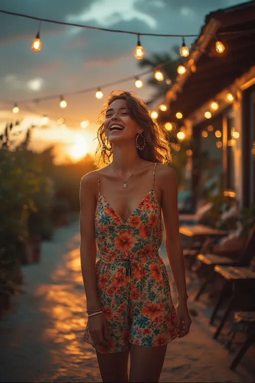 Playful summer look with floral romper and accessories at sunset.