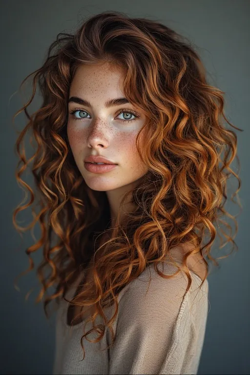 Curly hairstyle with highlights adding depth and dimension.