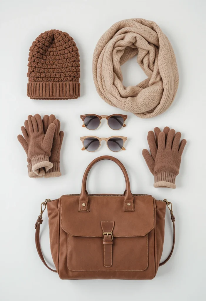 Winter accessories flat lay featuring scarf, beanie, gloves, and bag in warm neutral tones.