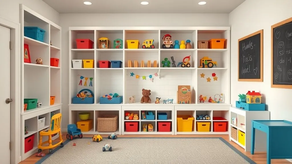Kids playroom with built-in storage wall, colorful bins, and chalkboard for playtime.