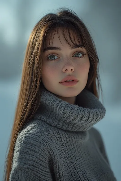 Minter style looks hairstyles trendy ideas 6 Woman with straight glossy hair in a turtleneck, showing a sleek and elegant winter hairstyle.
