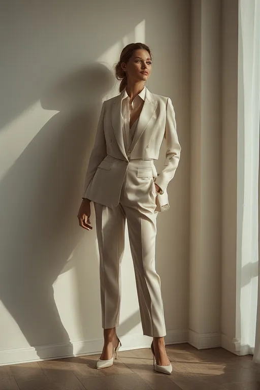 Modern power suit with a feminine twist — neutral tones, cropped vest, and silk blouse styled for confident office wear.