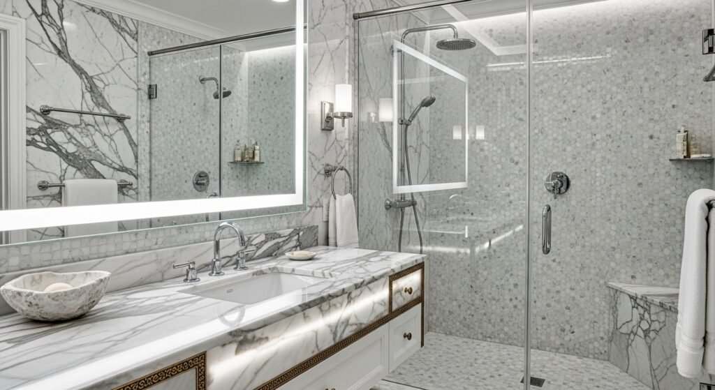 Luxury Bathroom & Shower Design Ideas 3 Modern freestanding bathtub with elegant curves and soft lighting in a luxury bathroom.