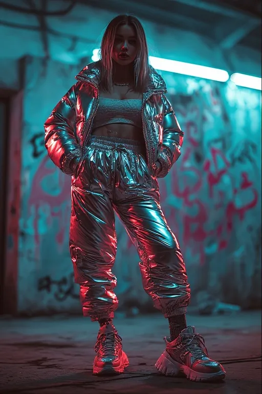 10+Winter Fashion Inspo Outfits Ideas 6 Stylish streetwear look with metallic puffer jacket, joggers, and sneakers — urban winter fashion meets function.