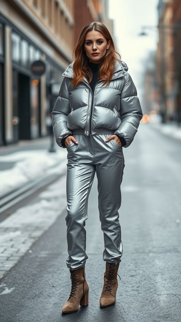 Winter Fashion Inspo: Chic Looks to Stay Warm 4 Stylish woman in metallic puffer jacket showing bold winter streetwear.