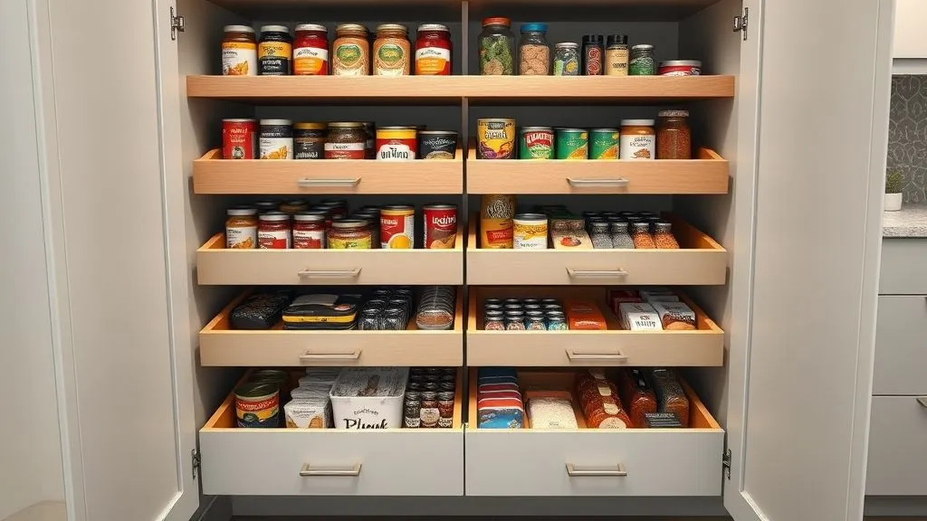 Kitchen and Pantry Organization 3 Full-view modern pantry showing pull-out drawers neatly filled with labeled pantry items in a bright kitchen.