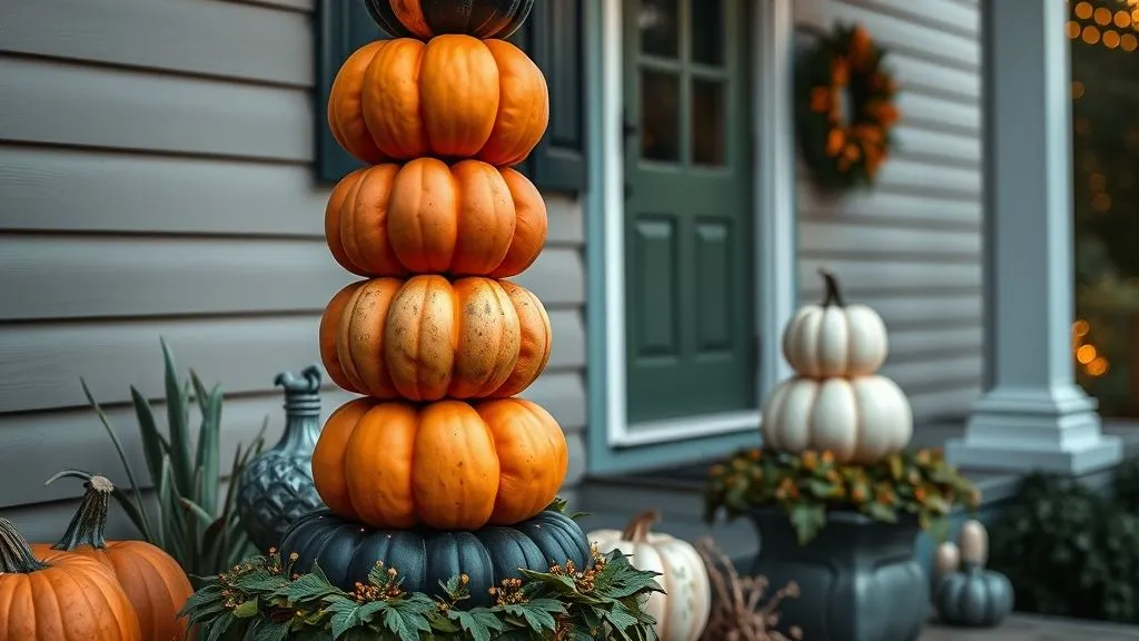 Spooky & Stylish Halloween Outdoor Decorations 8 Stacked pumpkin tower display in orange, black, and white with glowing lights.