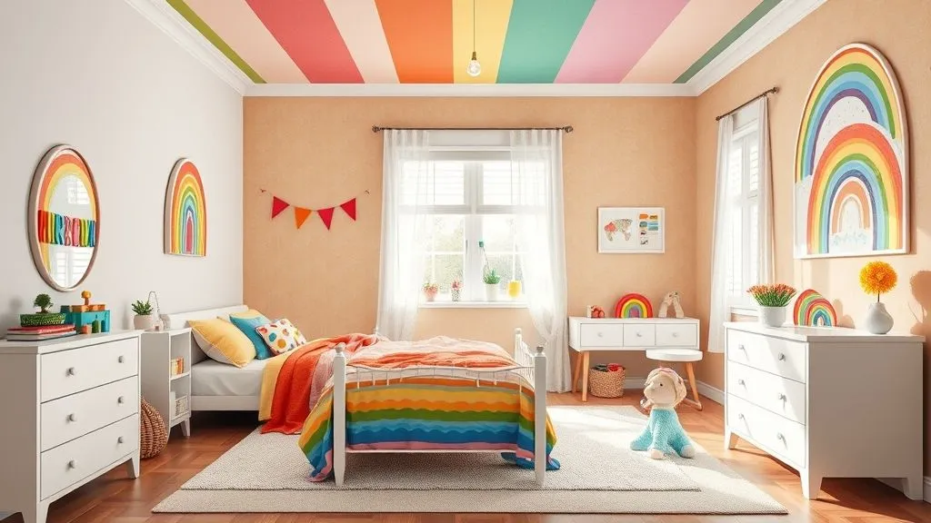 Rainbow-themed kids room with colorful décor, white furniture, and cheerful vibe.