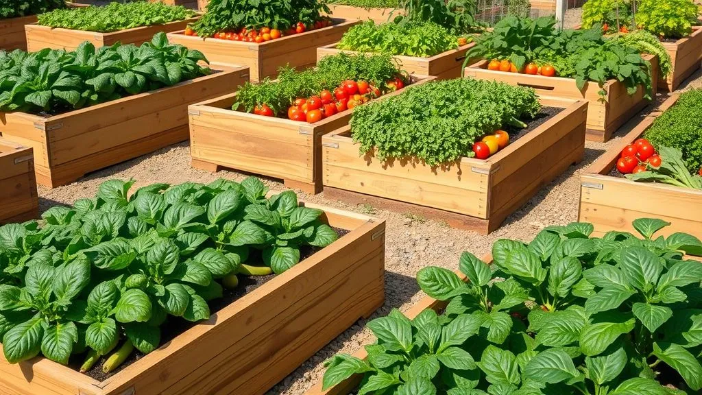 Raised bed vegetable garden with fresh green produce.