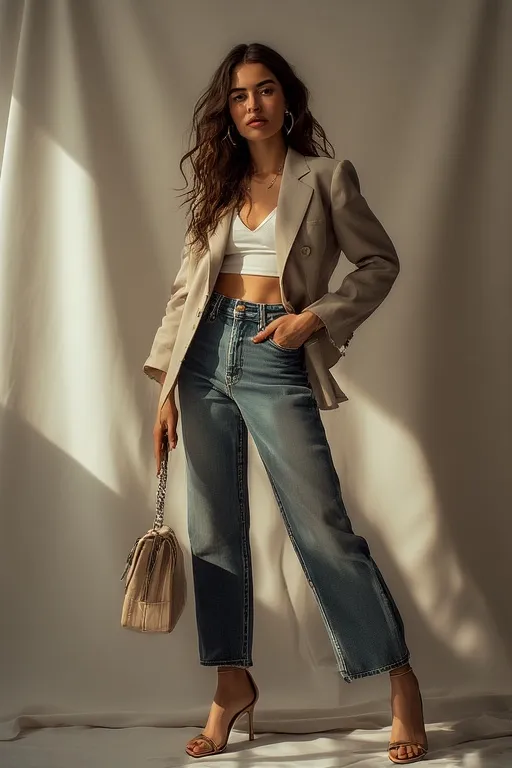 Contemporary low-rise jeans styled with a cropped blazer and heels for a sleek Y2K-inspired look.