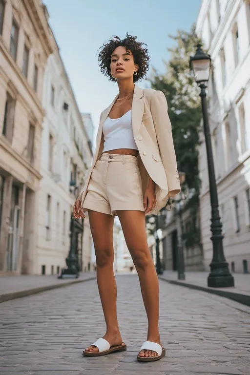 Chic woman in tailored shorts and blazer for effortless summer style.