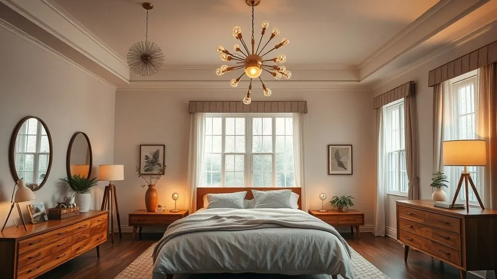 Stylish Mid-Century Modern Bedroom Ideas 4 Bedroom with sputnik chandelier and globe pendant lights in retro mid-century style.