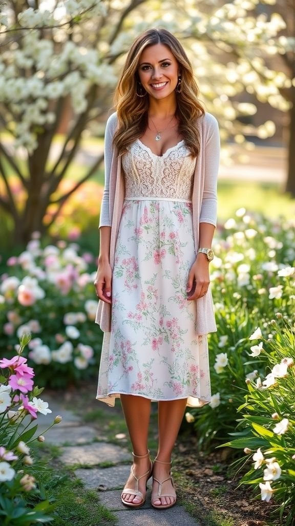 Woman in pastel floral dress with sandals embodying romantic feminine style.