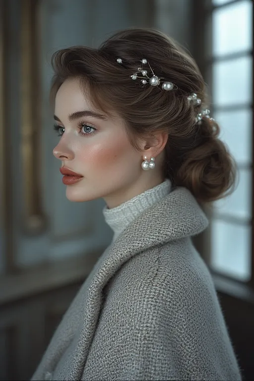 Minter style looks hairstyles trendy ideas 7 Woman with a low bun decorated with pearls, showcasing a romantic winter hairstyle.