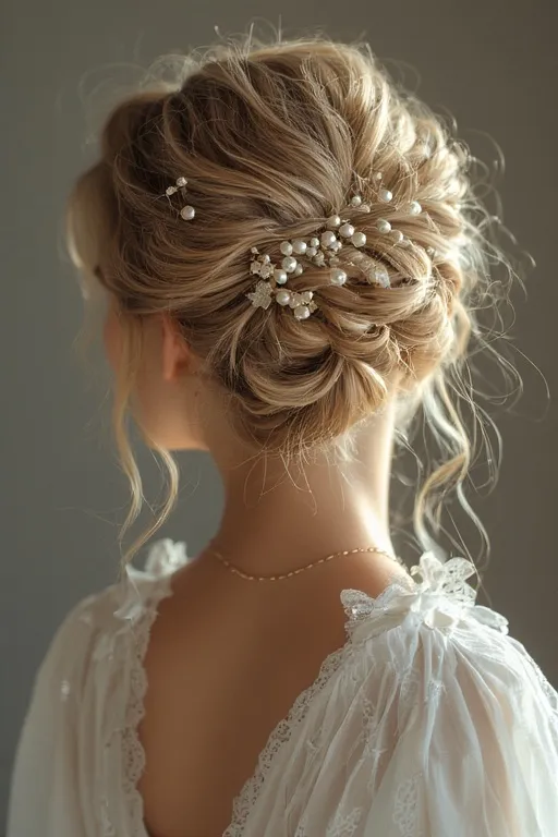 Romantic low bun hairstyle with soft curls and pearl accessories.