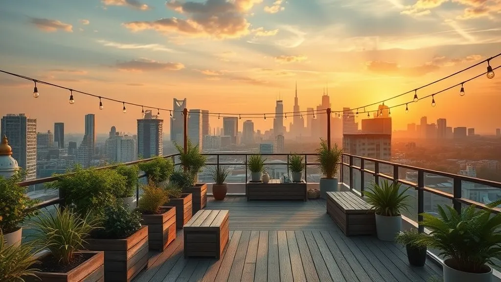 Rooftop mini garden with planters, lights, and cozy seating.