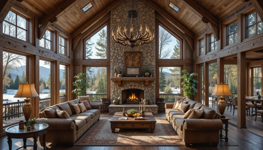 Rustic Cabin Interiors: The Ultimate Guide to Cozy and Natural Home Decor 5 Rustic living room with stone fireplace, antler chandelier, and wooden furniture.