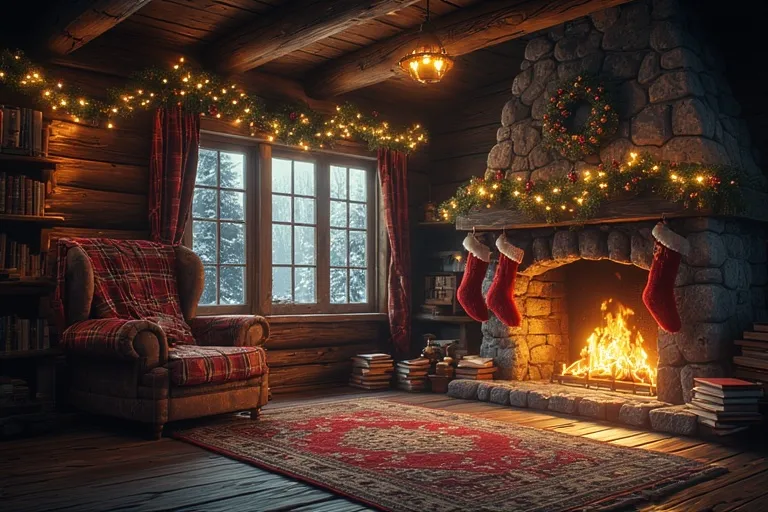 Christmas Reading Nook 2 Cozy rustic cabin Christmas reading nook with stone fireplace, plaid chair, and glowing pine garlands.