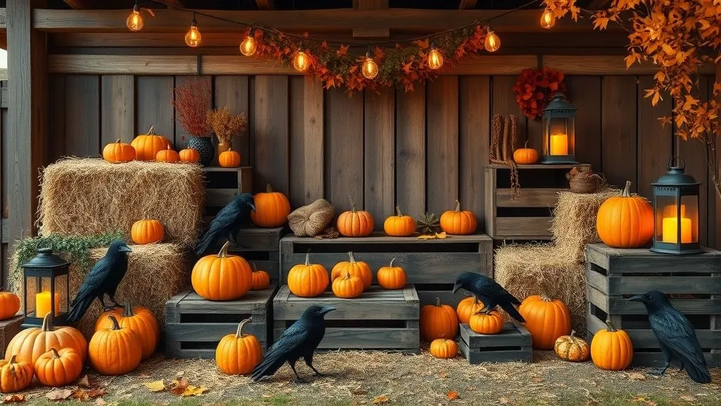 Spooky Halloween Outdoor Decorations 10 Rustic farmhouse porch with pumpkins, hay bales, and lanterns in warm fall lighting.