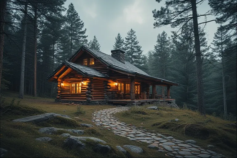 Charming Cottage Ideas for Timeless Comfort 5 Rustic log cottage in forest with lanterns and stone path, glowing warmly at sunset.