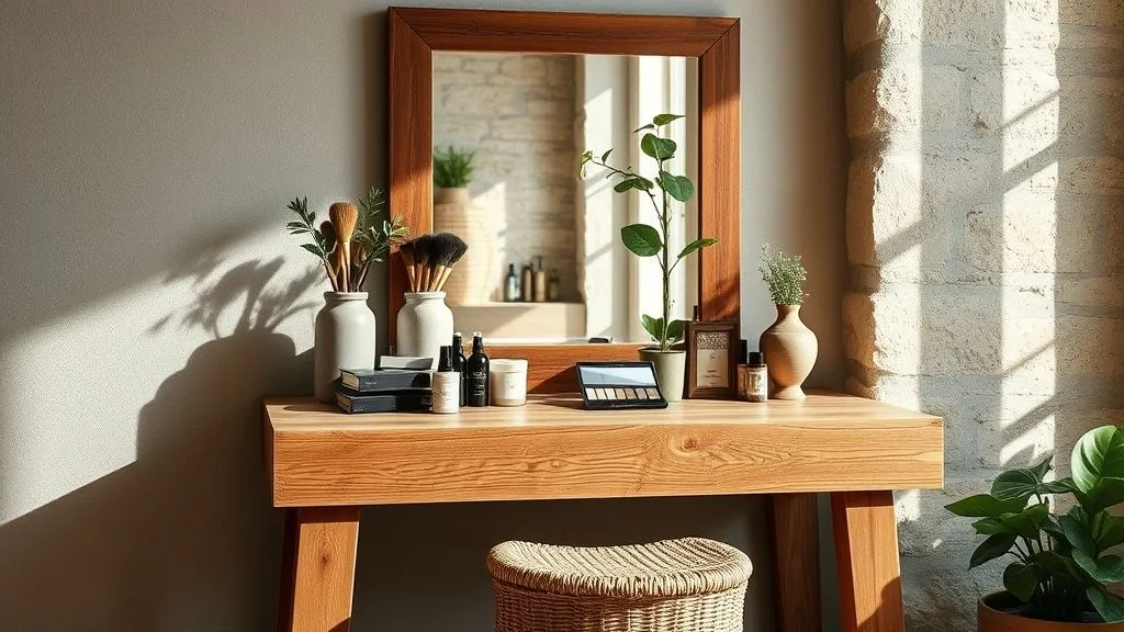 Vanity Decor Ideas for a Stylish Home 4 Rustic wooden vanity in 16:9 view with plants, natural décor, and makeup accents.