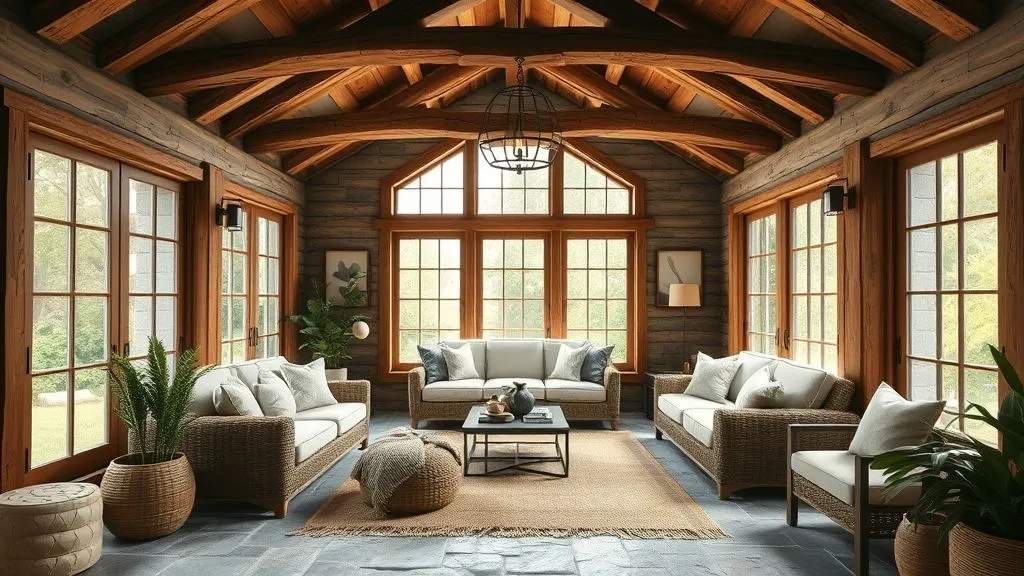 Bright & Cozy Sunroom Ideas 3 Rustic wooden sunroom with exposed beams, stone floor, and cozy earthy décor filled with sunlight.