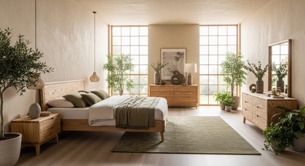 10 Elegant Bedroom Interiors for Modern Homes 10 Elegant sand and olive bedroom with natural wood and soft green decor.