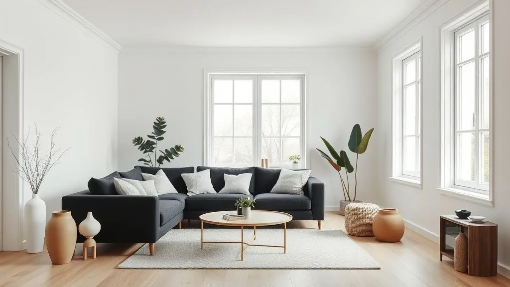Black Couch Living Room Decor Ideas for a Stylish and Modern Home 6 Scandinavian living room with black sofa, white walls, and natural wood décor in bright daylight.