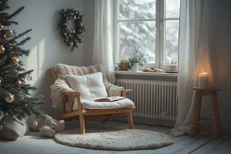 Christmas Reading Nook 9 Scandinavian Christmas nook with pine furniture, paper stars, and white textiles.