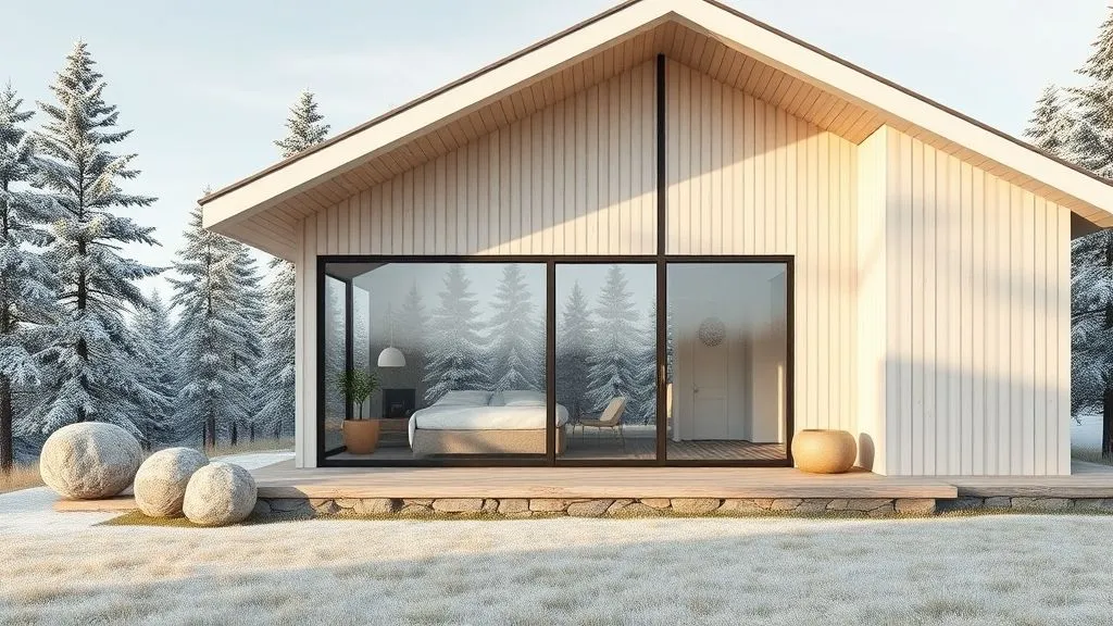 Stunning House Designs Exterior Ideas 8 Minimalist Scandinavian home with pale wood siding, stone details, and large glass windows surrounded by nature in soft daylight.