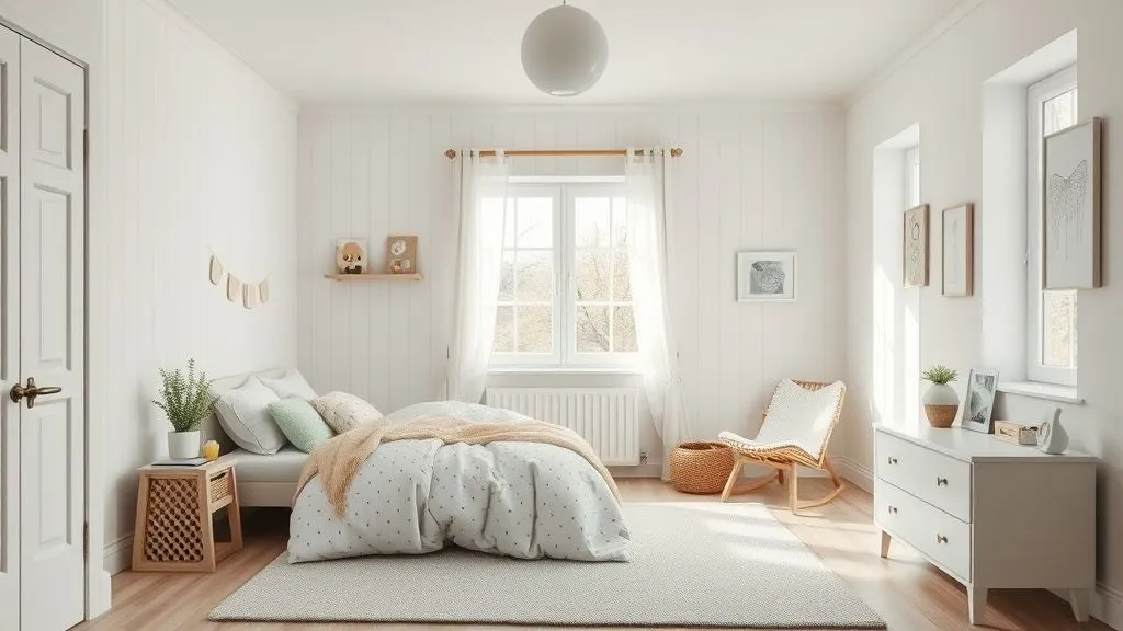 Scandinavian kids bedroom with light wood, pastel tones, and cozy reading corner.
