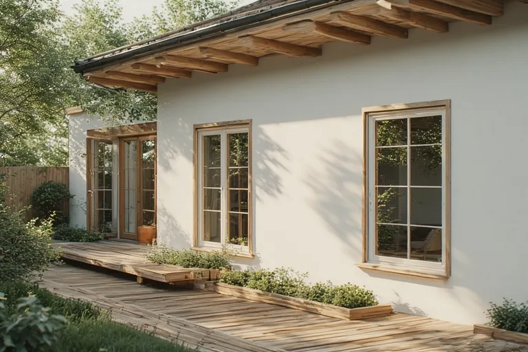 Chic Townhouse Exterior Designs 5 Full 16:9 view of a Scandinavian townhouse with light wood, white tones, and simple potted greenery.