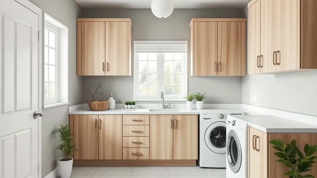 Scandinavian laundry room with light wood cabinets and white washer.