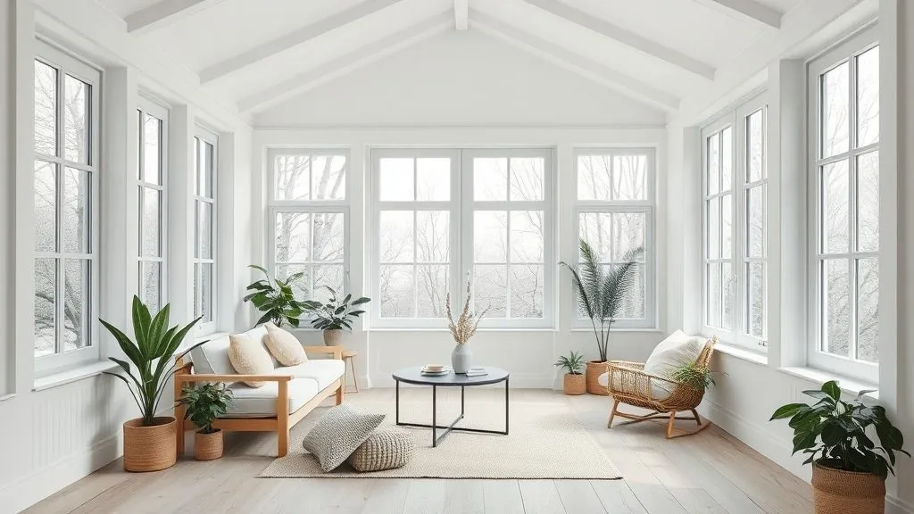 Bright & Cozy Sunroom Ideas 5 Scandinavian minimalist sunroom with light wood, white décor, and natural light.