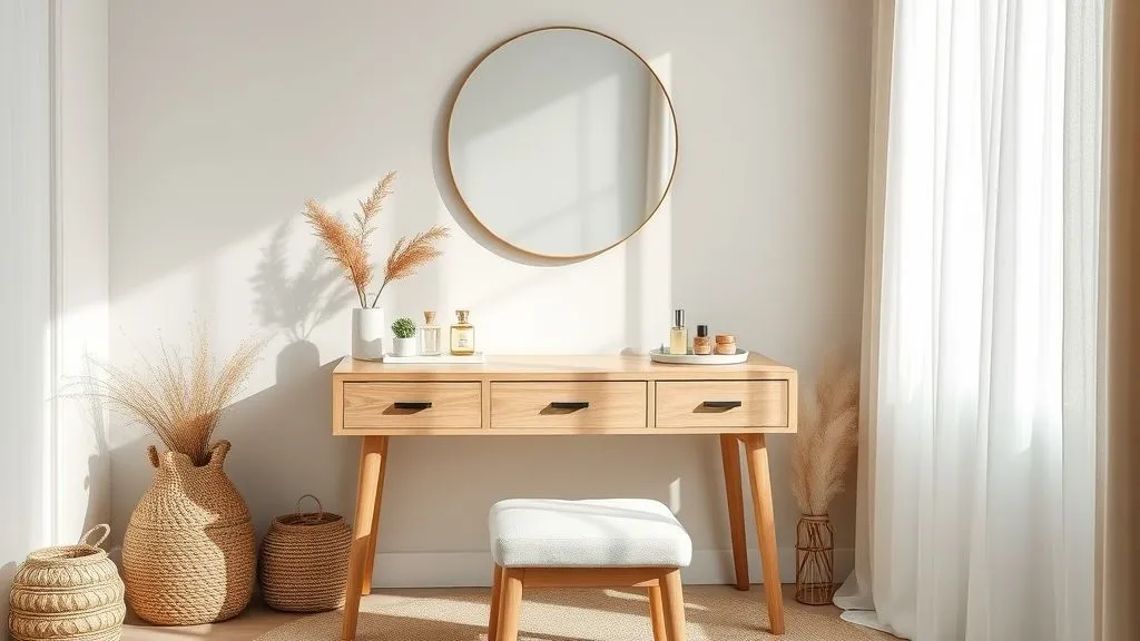 Vanity Decor Ideas for a Stylish Home 15 16:9 Scandinavian vanity with light wood, minimal décor, and soft natural styling.