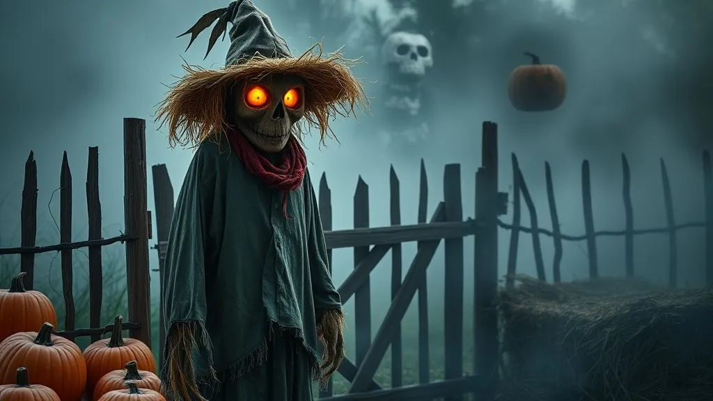 Spooky & Stylish Halloween Outdoor Decorations 9 Halloween scarecrow with glowing eyes by garden gate surrounded by pumpkins.