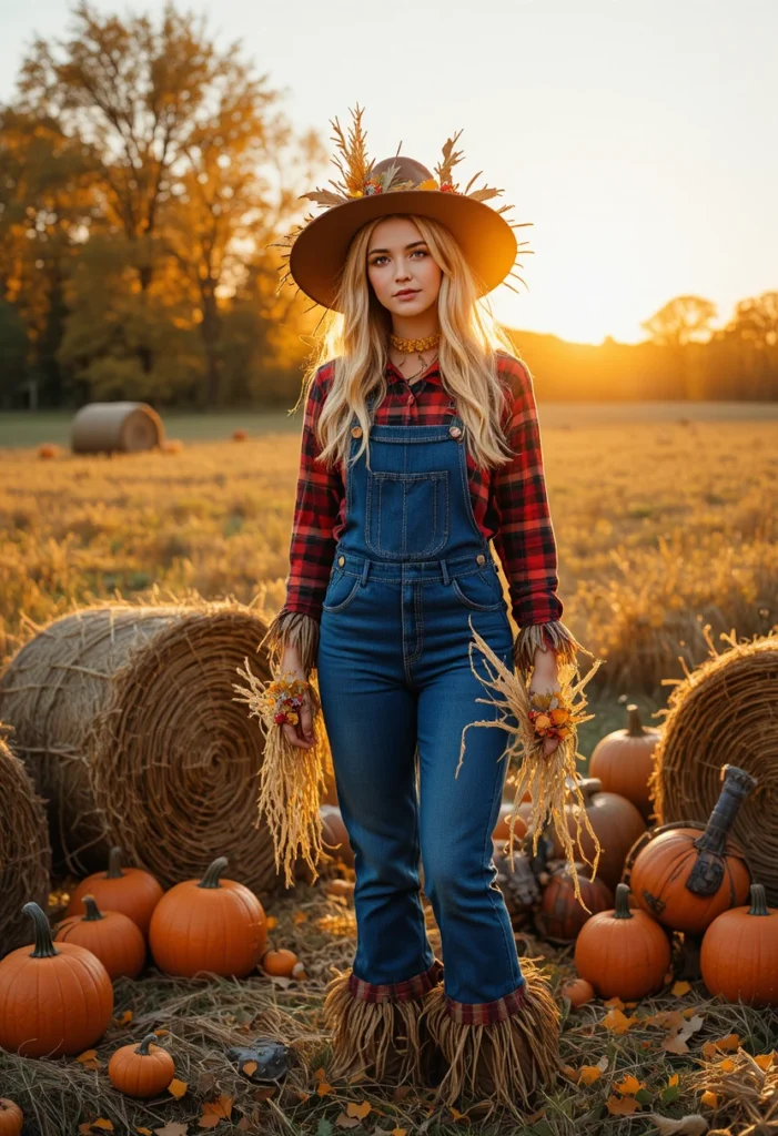 10+Spooky Halloween Outfit Ideas 10 A woman in a scarecrow outfit with plaid shirt and straw accents posing in a pumpkin field at sunset.