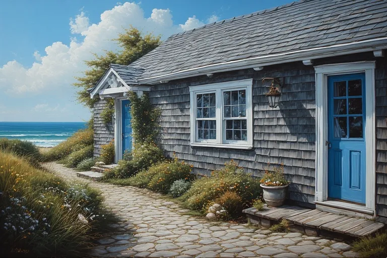20 Cottage House Ideas You Will Love 19 Full 16:9 view of seaside cottage with shingle siding and blue door.