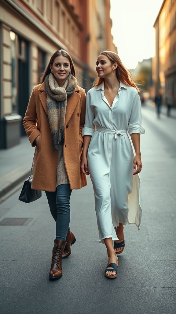 Stockholm Style: Effortless Scandinavian Fashion Defined 10 Stockholm seasonal style with one woman in layered winter outfit and another in minimal summer dress, walking city street